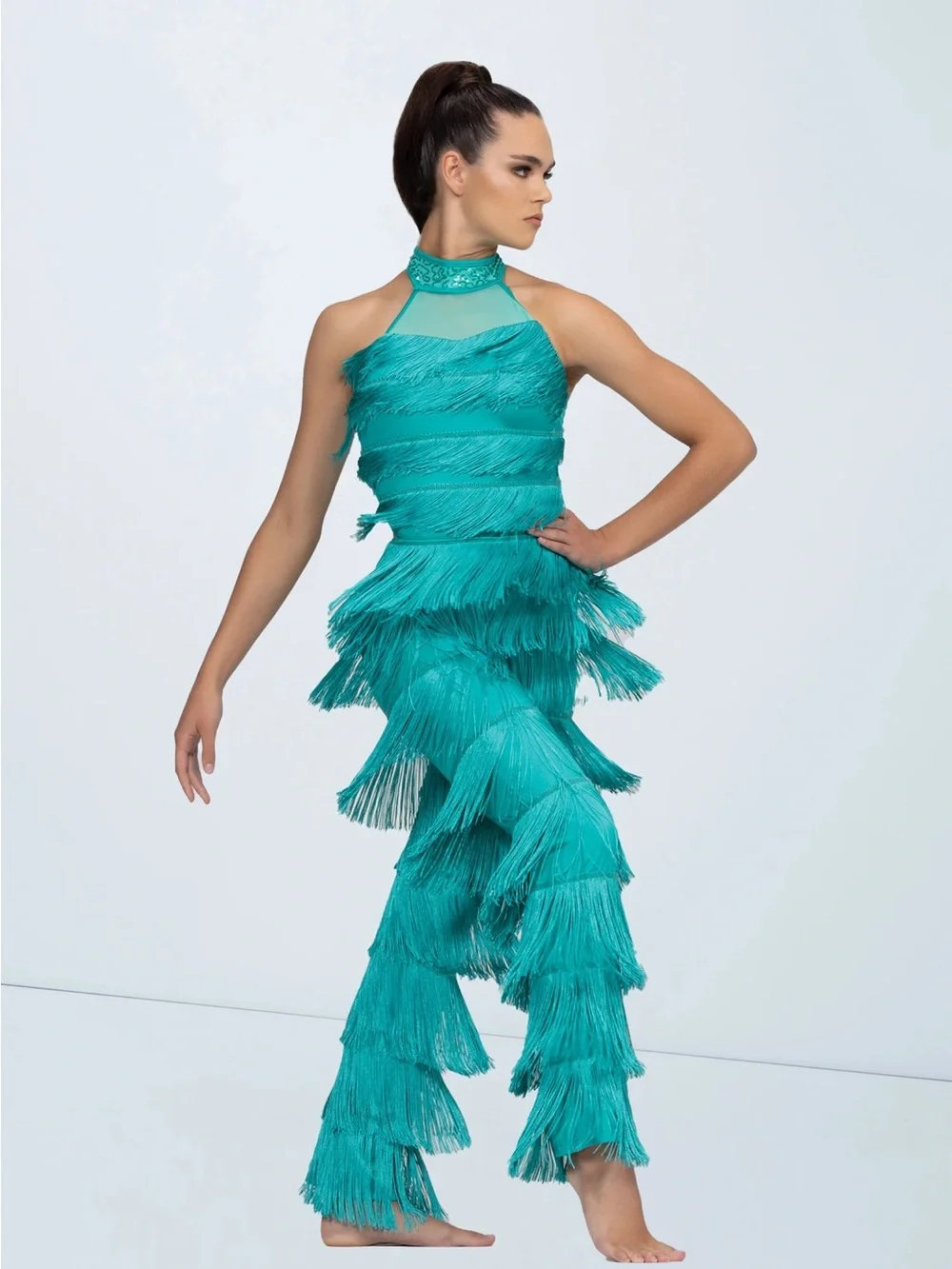 Weissman Teal Tiered Fringe Jazz Tap Dance Costume Dress Youth Large Child LC EU